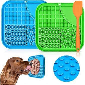 Dog Lick Mat, 3Pcs Dog Lick Mat with Suction Cup & Milk Area (Green Dog Lick Mat + Blue Cat Lick Mat + Orange Spatula) for Treats/Food (Non-Slip, Sil