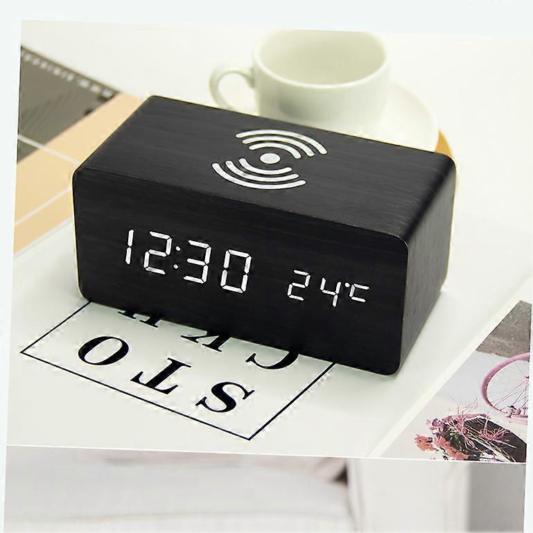 Multifunctional rectangular electronic clockWireless charging alarm clock with temperature function, voice-activated wake-up, wooden clock, black leat