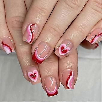 24 Pcs Short Square False Nail Artificial Nail with Heart French Tip Nail Art Tips Valentines Day Press On Nail