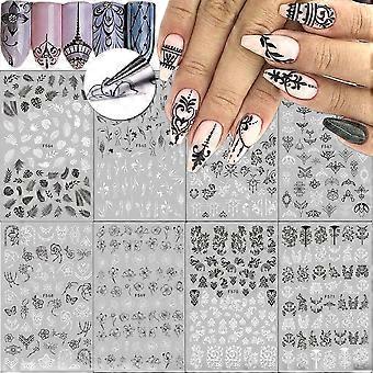 Français Nail Art Stickers Décalcomanies 8Feuilles Nail Art Fournitures 3D Autocollant Nail Art Décoration Français Noir et Blanc Dentelle Rétro Fleur Vigne Motif N