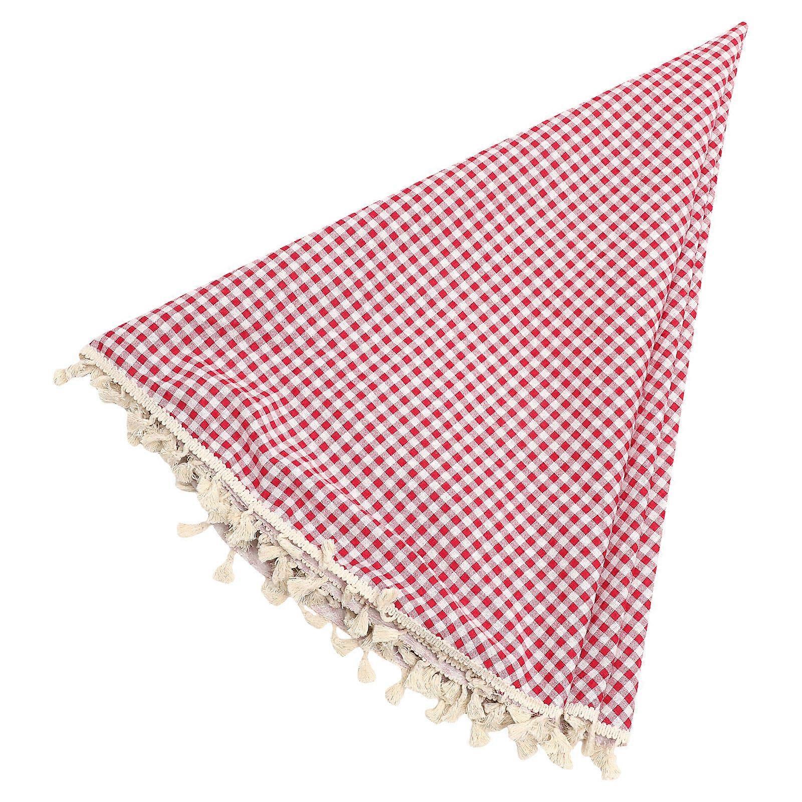 Round Checkered Tablecloth for Dining Table Decorative with Tassel