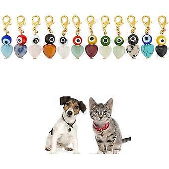 12pcs Evil Eye Heart Collar Pendants for Cat Dog Gemstone Jewelry Charms Lampwork Pet Collar Pendants Clip-on Charms for Bag