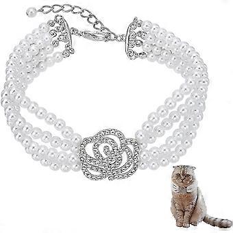 Pet Pearls Collar Necklace 4 Rows of Pearls Adjustable Dog Cat Bling Jewelry Necklace with Rhinestone Rose Flower Pets Wedding Collar