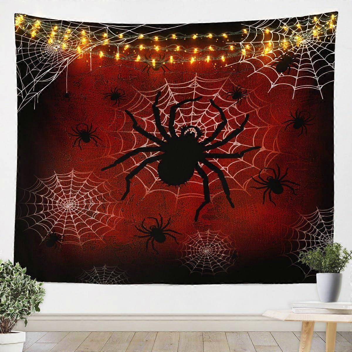 Décoration murale d'Halloween : toile rustique avec silhouette de araignée noire, idéale pour décorer un salon ou une chambre. Imprimé rétro de toile d'araignée blanche.