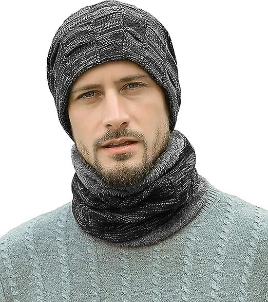 Mens Winter Beanie Hats Scarf Set Warm Knit Hats Skull Cap Neck Warmer with Thick Fleece Lined