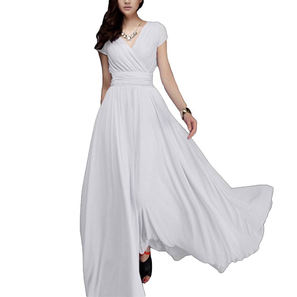 Fianao Bohemian Women Solid Color Short Sleeve V Neck Tight Waist Maxi Evening Dress