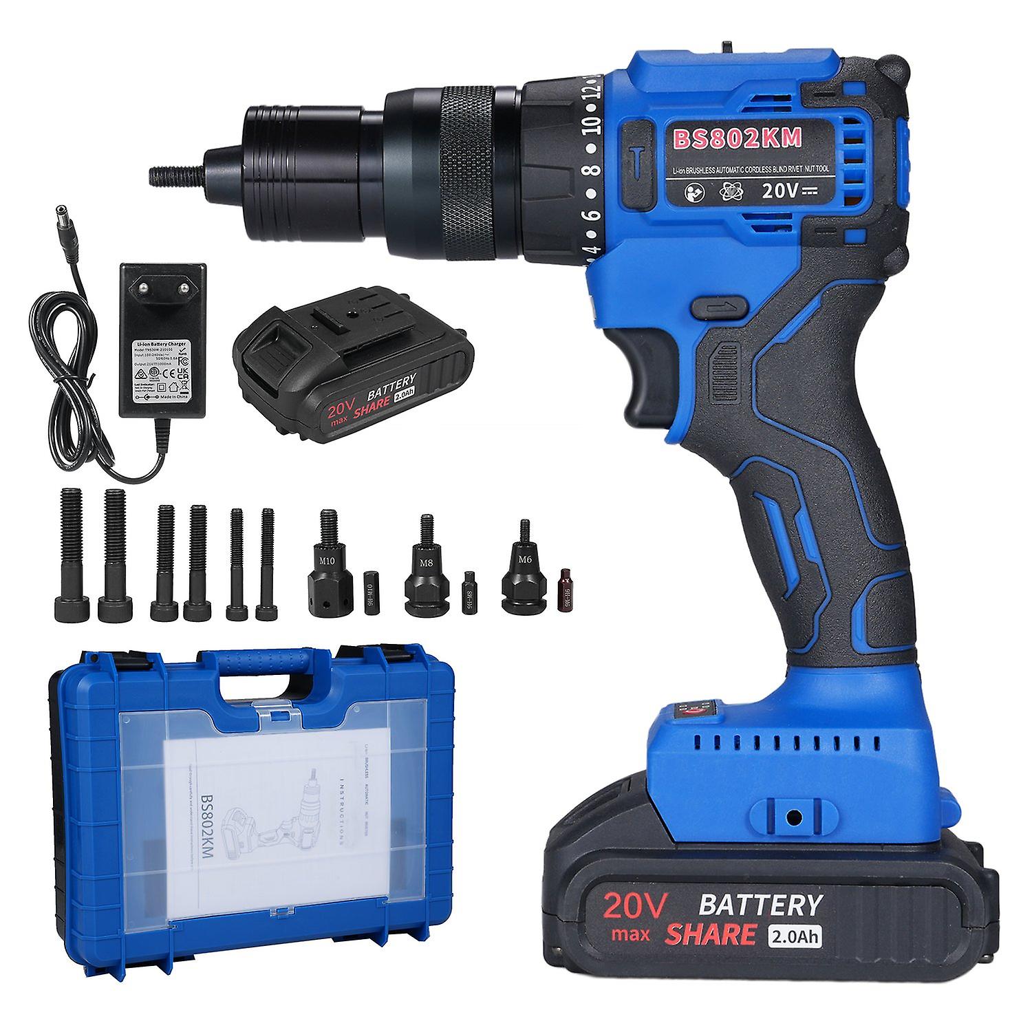 20V Cordless Rivet Machine with 2.0Ah Battery, 2-in-1 Electric Rivet Nut Kit with Memory Mode and Br