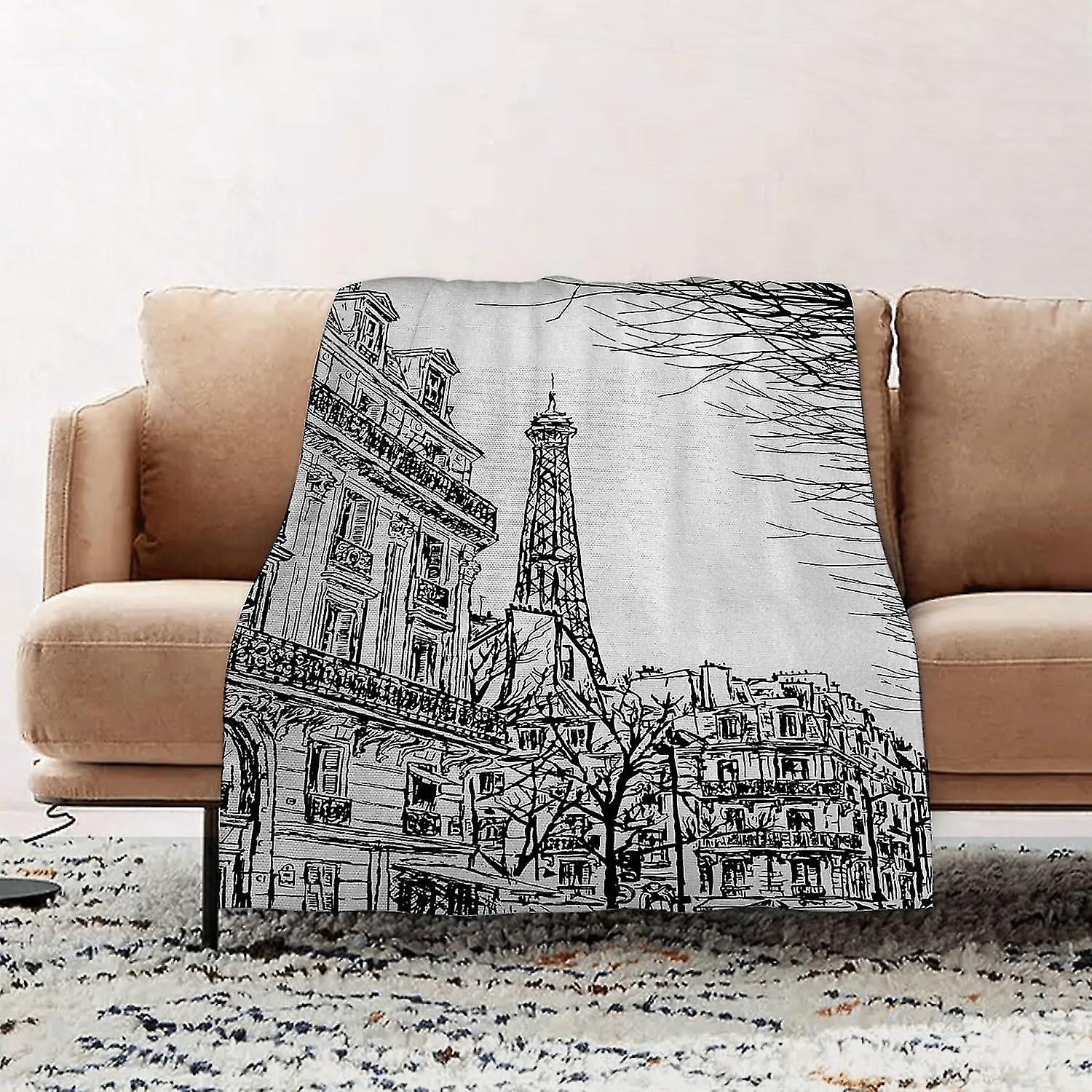 Premium Flannel Throw Blanket - Paris Sketch Parisian Street With Trees And Eiffel Famous City Scenery Archi Flannel Blanket Sofa Throw, Blanket Fluff