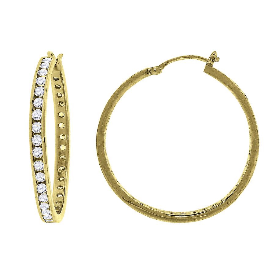 925 Sterling Silver Yellow tone Womens Cubic Zirconia Single Row Huggie Hoop Earrings 40x40mm Wide-Hoop Earring for Wome
