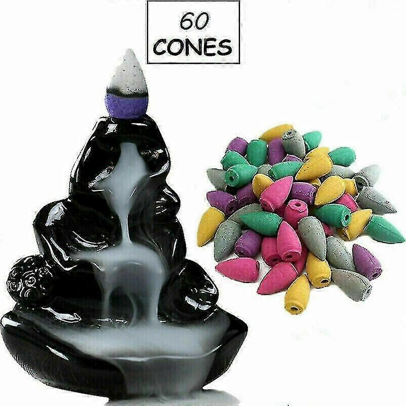 Backflow Ceramic Mountain Waterfall Smoke Incense Burner Cones Holder + 60cone