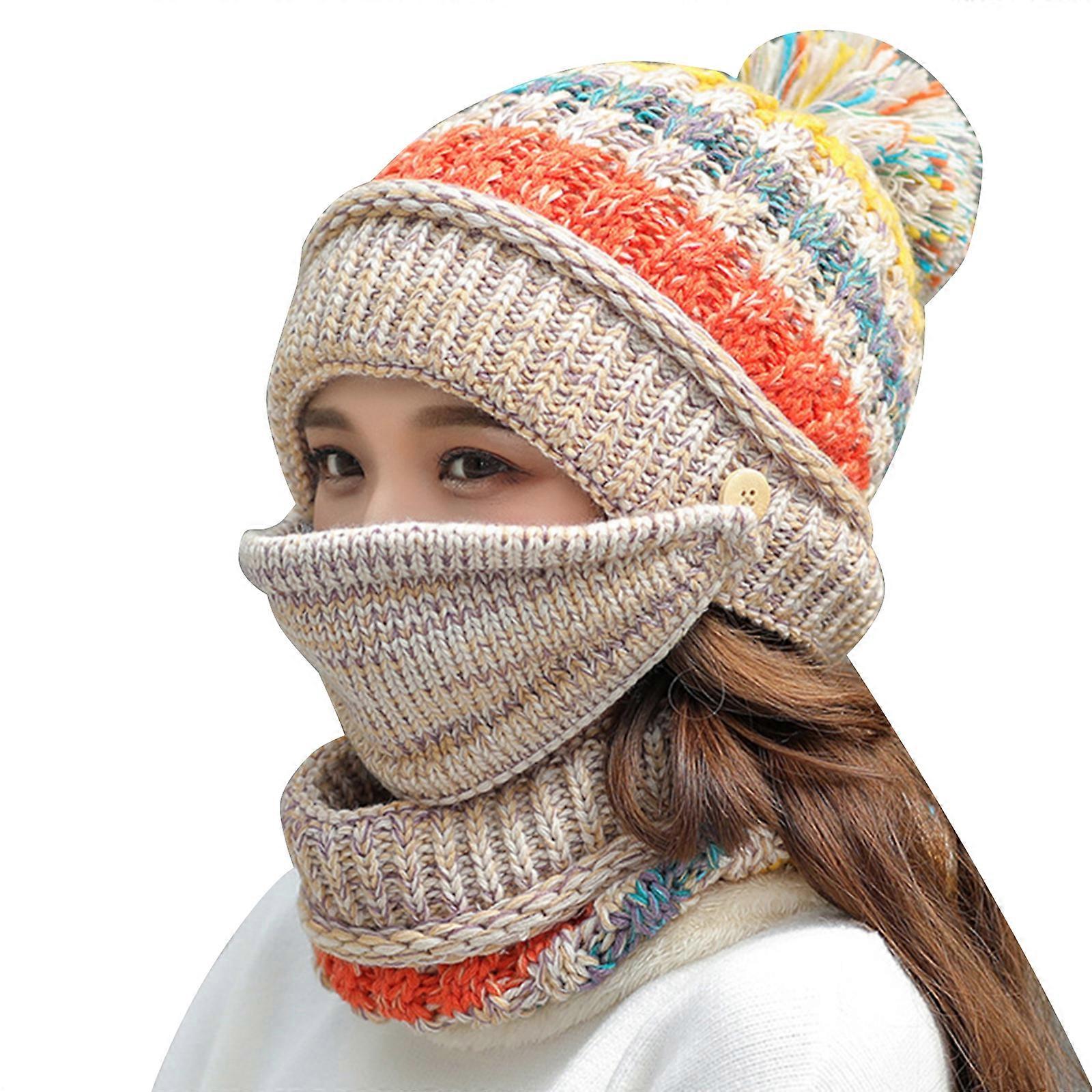 Three-Piece Set Soft Warm Knit Beanie Scarf Face Cover Thickened Winter Ski Hat with