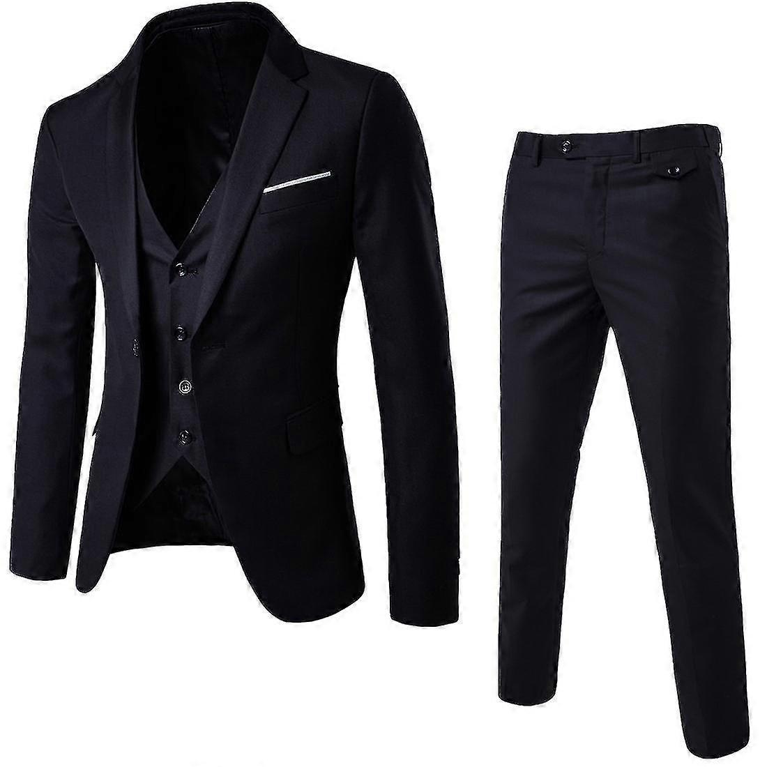 Men's 3 Piece Slim Fit Suit Set One Button Solid Jacket Vest Pants Business Set