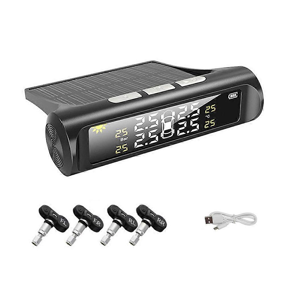 Alarme de Pressão dos Pneus do Carro Monitor Sistema de Aviso de Temperatura Economia de Combustível Display Anexado 4 Sensores Externos sem fio Solar
