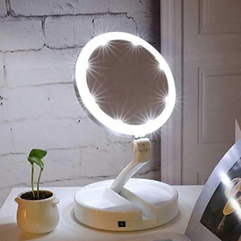 Portable Folding 1x/10x Magnifying LED Lighted Double Sided Makeup Mirror Tabletop Batteries or USB Charging, 270 Rotation