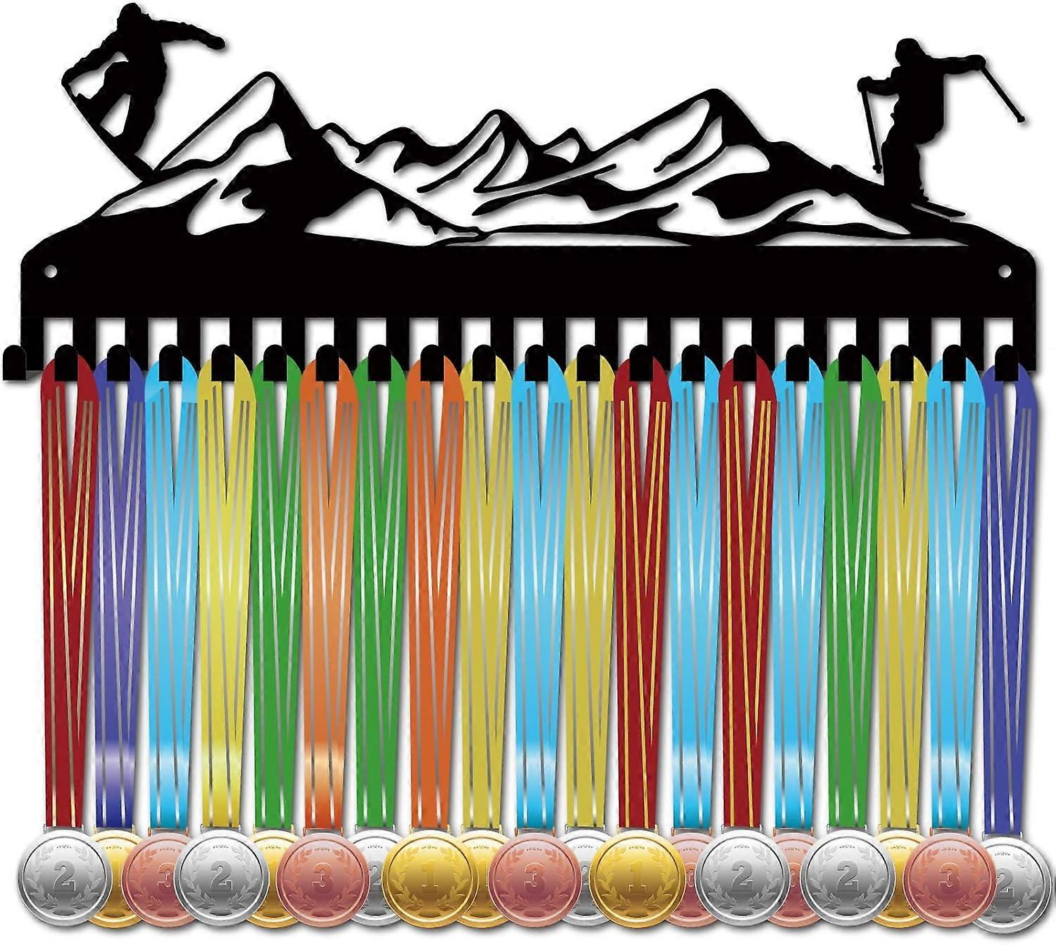 Iron Medal Holder Frame 20 Hooks Medals Display Hanger Rack with Screws Black Skiing 150x400mm Hole: 5mm