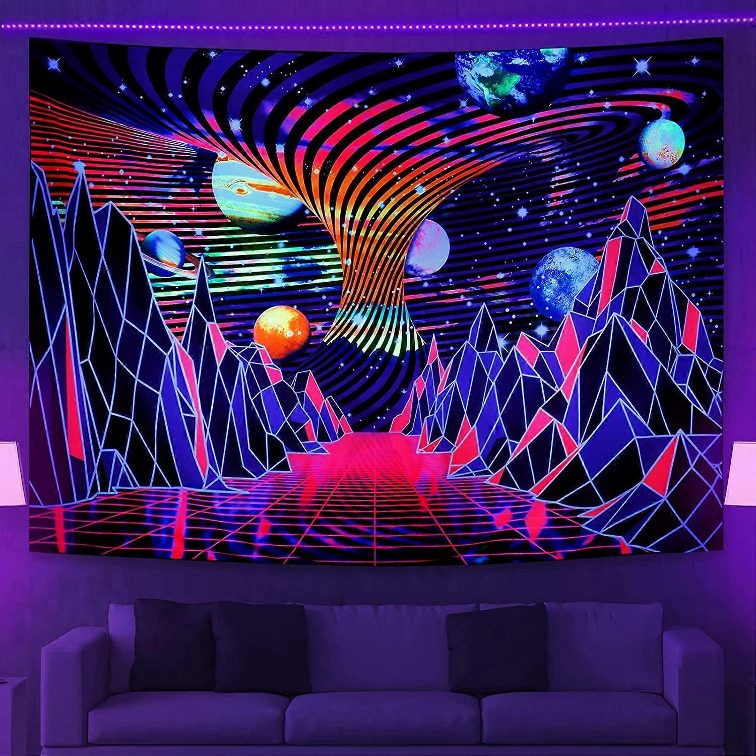 Tapestry Trippy Mountain and Planet Tapestry psychedelic neon tapestries hang in the room