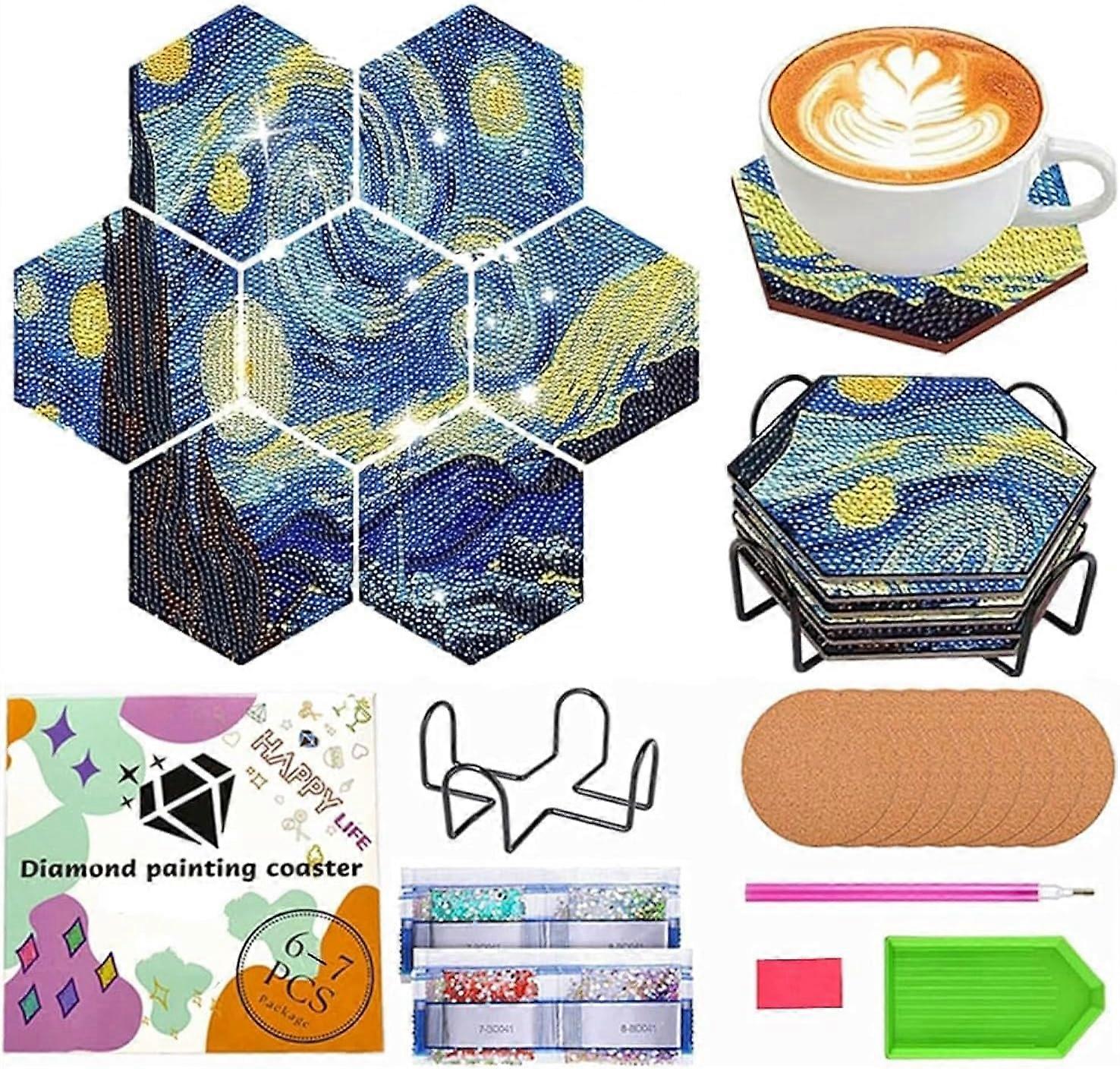 Hexagonal Coasters Set, Diamond Painting Kits for Adults, DIY Creative Craft, Durable and Colorful Design