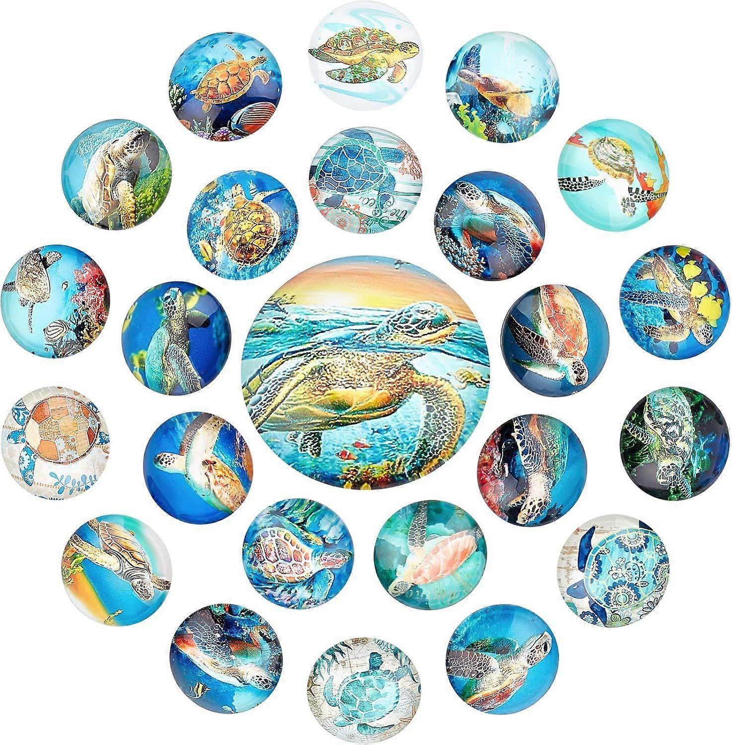 1 Box 24Pcs 6 Color Ocean Pattern Glass Cabochons Sea Turtle Whale Jellyfish Small Fish Half Round Flat Backed Printed Glass Cabochons for Photo Penda