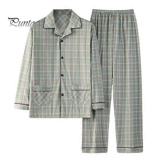 2st / set Herr Pyjamas Set Rutigt tryck Kavajslag Långärmad Enkelknäppt Skjorta Elastisk Midja Långbyxor Set Lös passform Loungewear Kostym