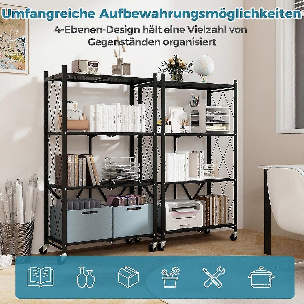 Sturdy folding shelf, 4 levels, standing shelf with lockable wheels, black, 71 x 34 x 126 cm