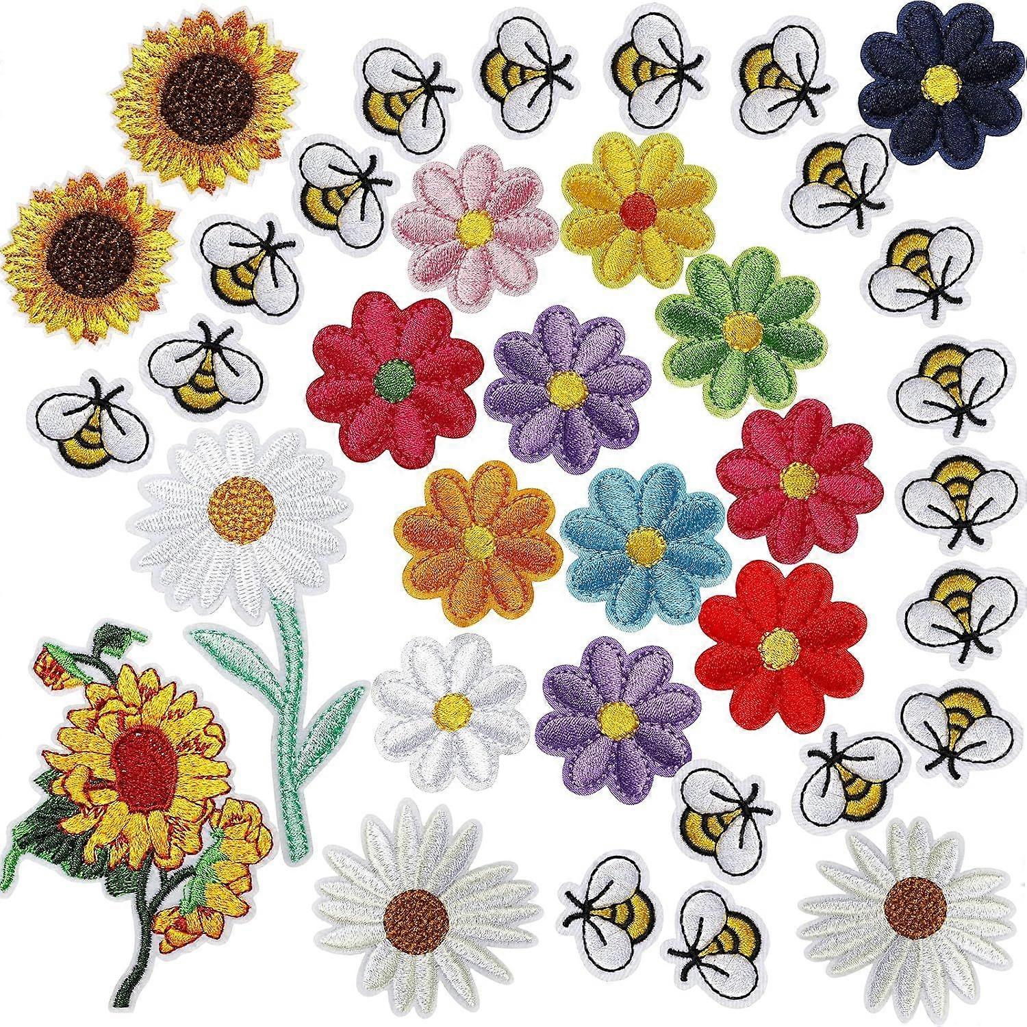 36Pcs Embroidered Bee Applique Patches Daisy Sew on Patch Flower Iron on Patches Flower Appliques for Clothing Sewing Decorations Cute Bumble Sunflowe