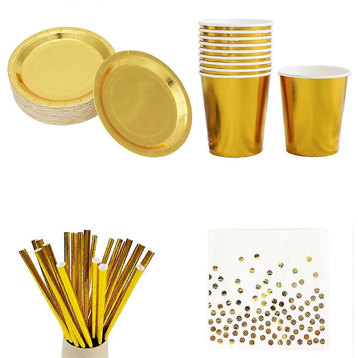 Gold Party Disposable Tableware Set Paper Plates Cups Napkins
