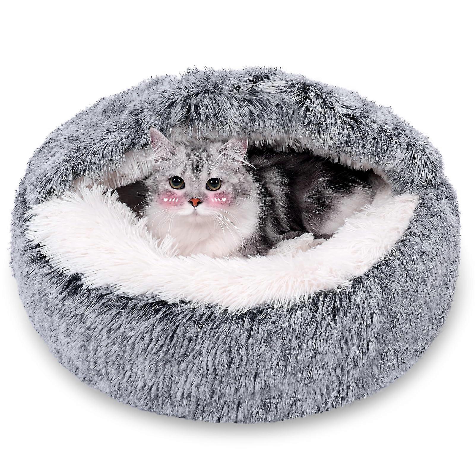 Calming Hooded Removable Washable Anti-Slip Fluffy Dog & Cat Cave for Bed Improved Sleep Fits up to 15/25 lbs Size S