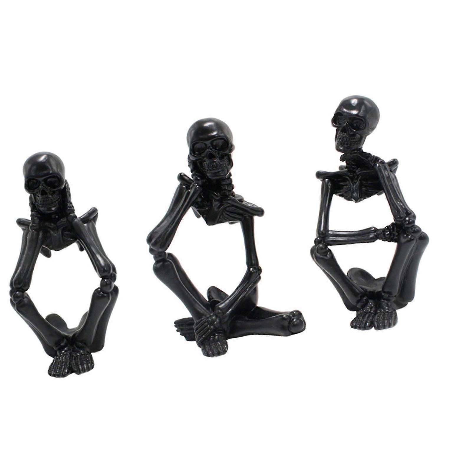 3Pcs Skeleton Thinker Statues Mini Resin Sculptures Black Set