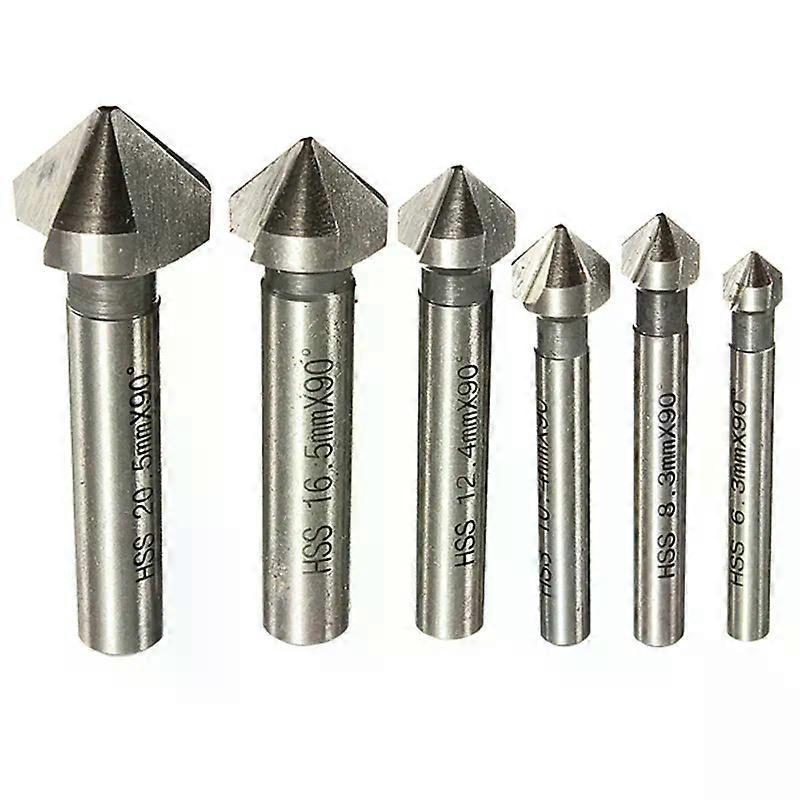 Round shank 6pcs 3 Flute 90 Degree HSS Chamfer Chamfering Cutter End Mill Tool Countersink Drill Bit Set 63-205MM