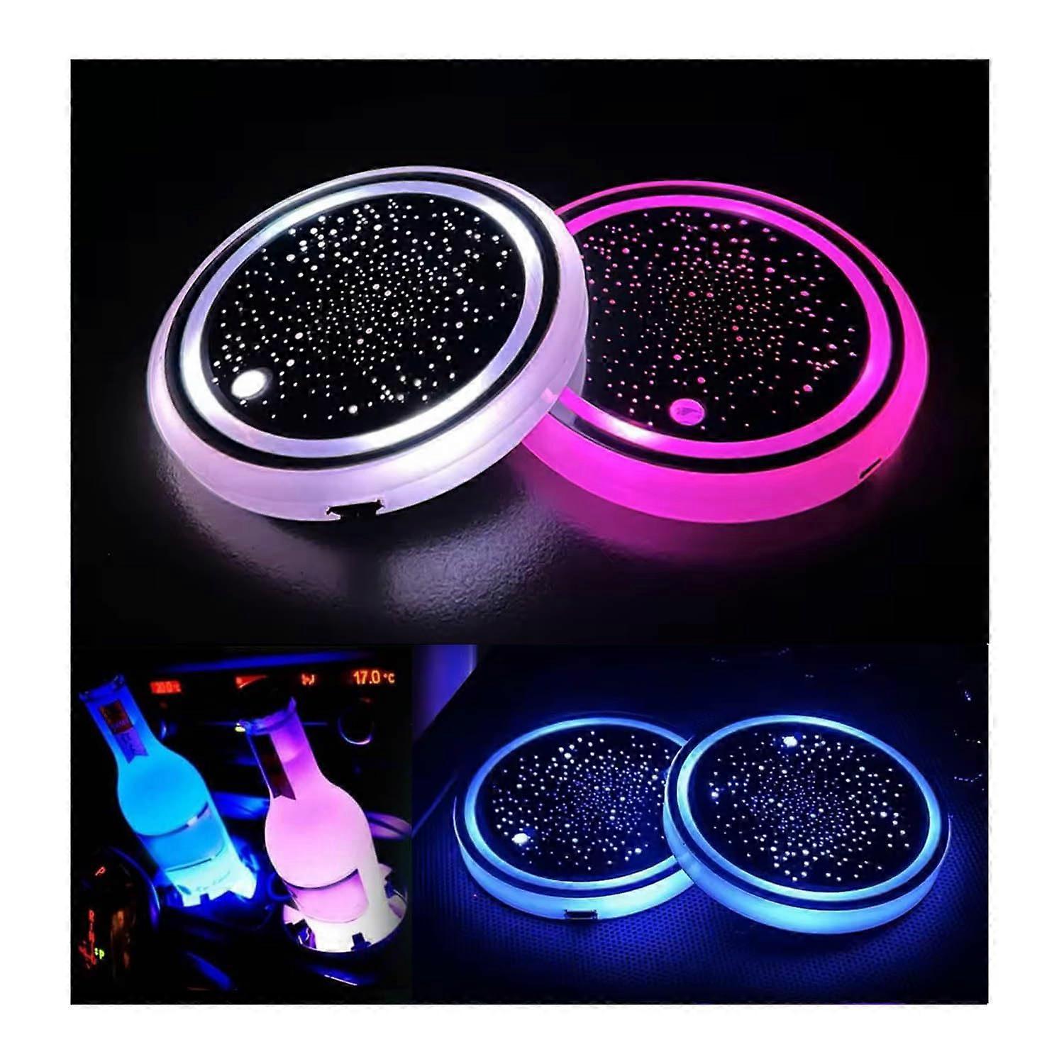 2PCS LED Car Cup Holder Lights, Waterproof USB Charging Coasters with 7 Color Changing Design, Compatible with All Vehicles