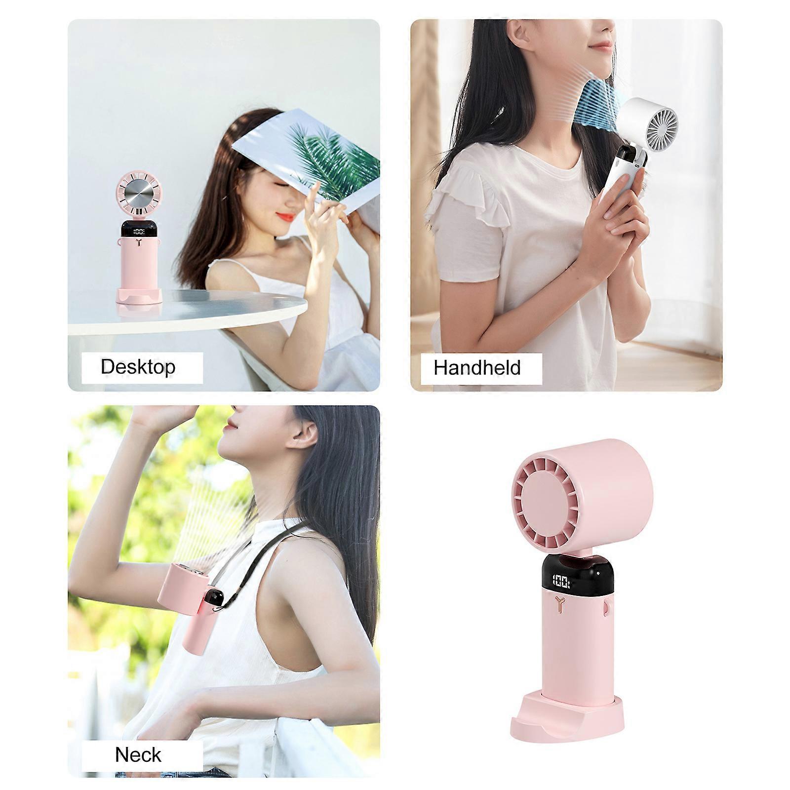 Portable Handheld Neck Table Fan with 90° Adjustable Angle 3600mAh Battery 3 Speed Settings Base as Phone Stand and Power Display Screen