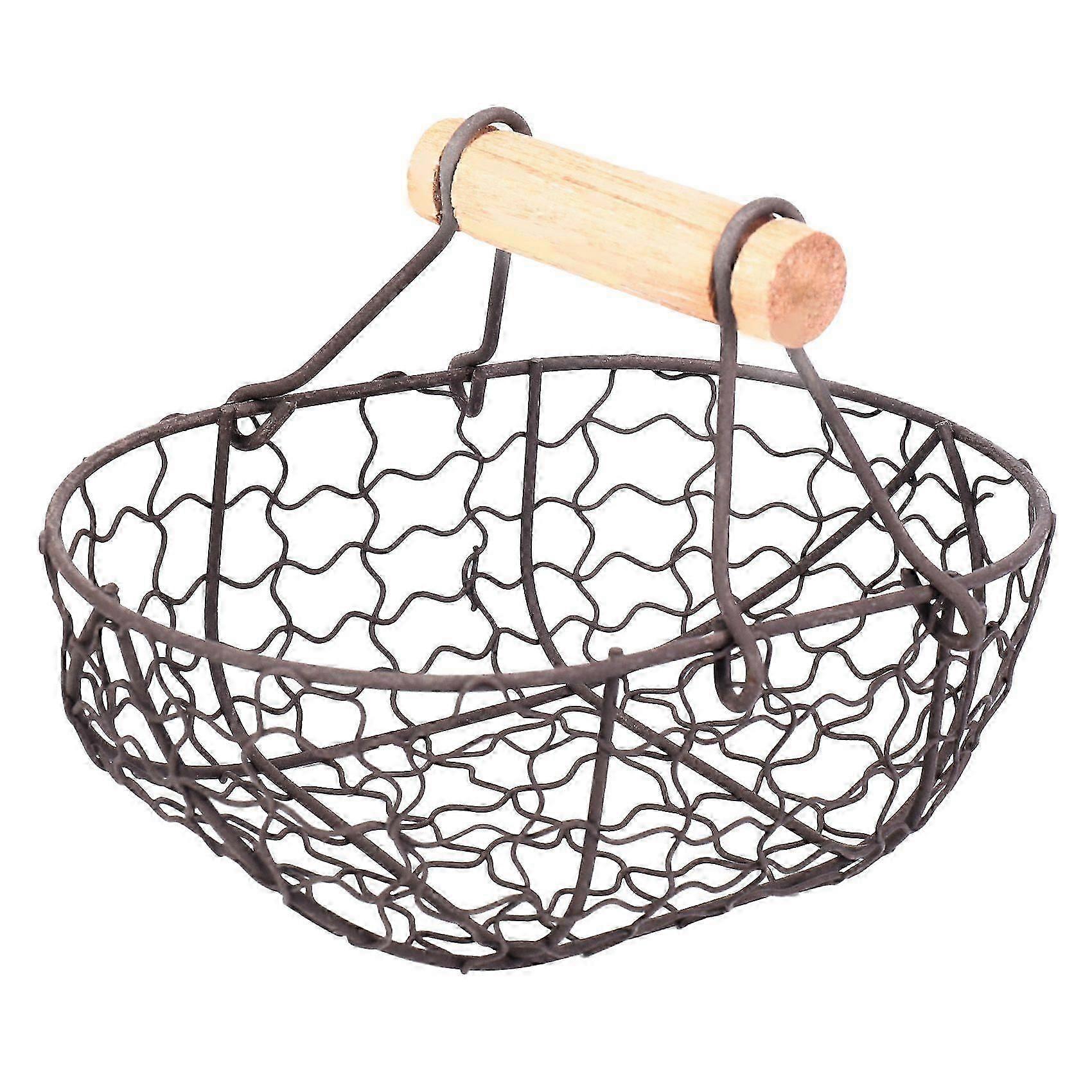 Retro Metal Basket with Wooden Handle - Portable Multi-Function Storage for Fruits, Vegetables, Eggs & Groceries