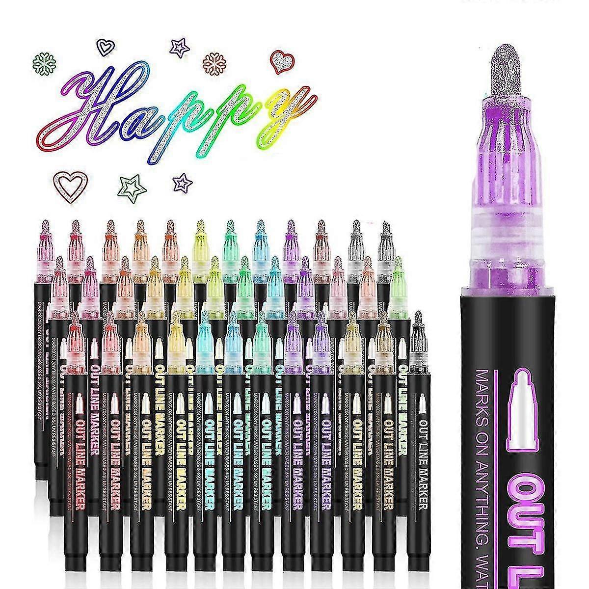 Double Line Outline Markers, 36 Colors Super Squiggles Shimmer Outline Marker Pen Set, Self Outline