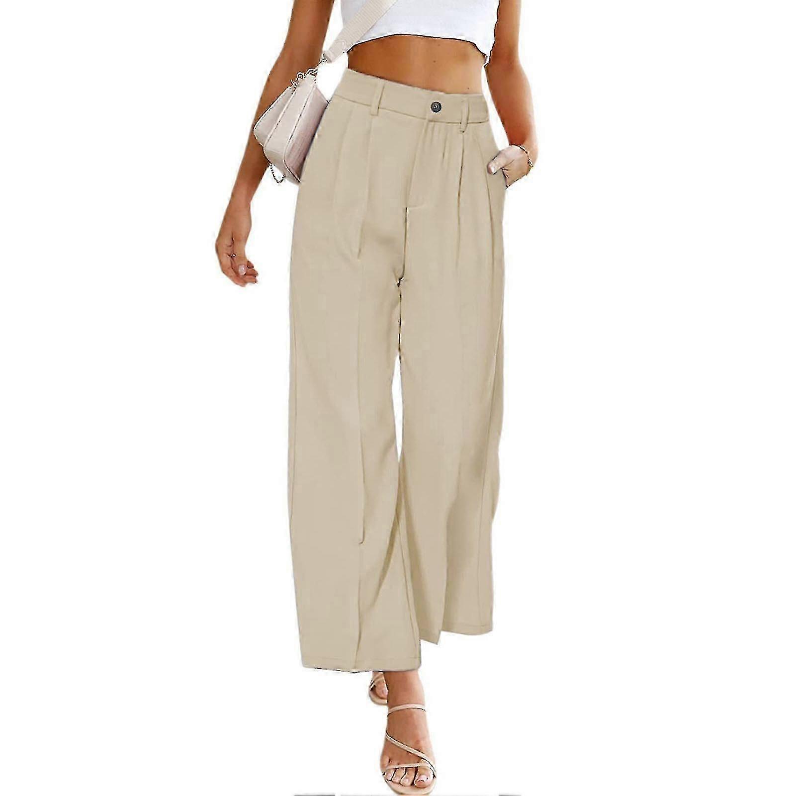 Women Regular Fit Trouser Straight Wide Leg High Waist Button Closure Modern Business Pants