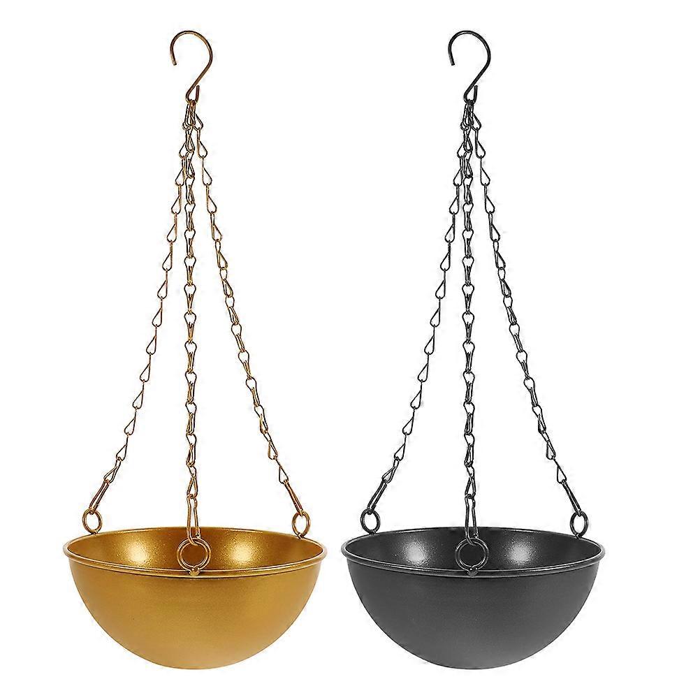 2pcs Round Metal Hanging Flower Pots Black Plant Baskets with Chain for Balcony Porch Garden Durable Iron Suitable for Succulents