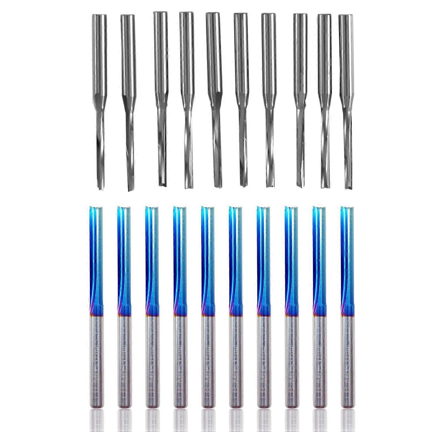 10 Pcs Two Flutes Straight End Mills Straight Slot Bit &10Pcs 3.175 Shank Blue Coated Straight End M