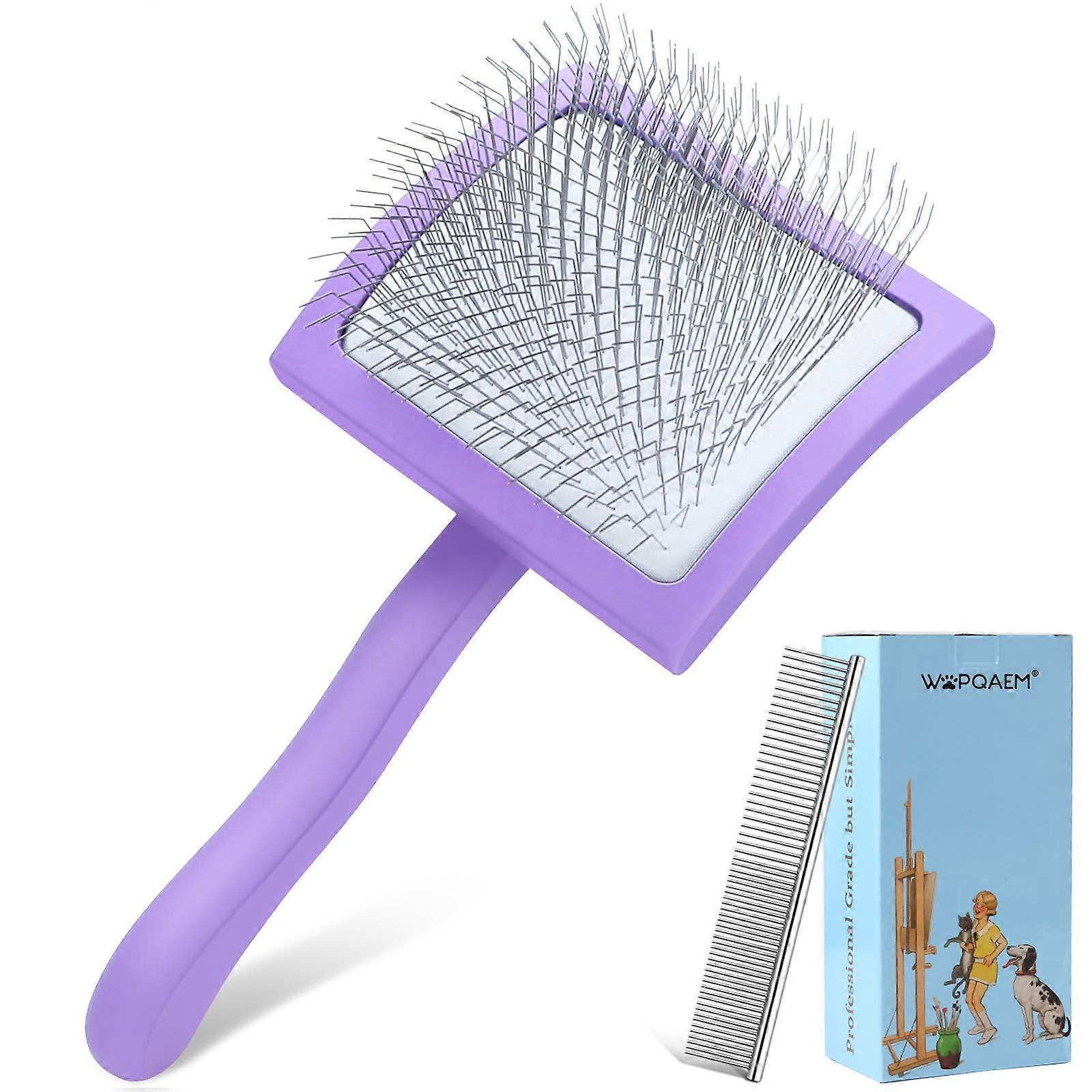 Slicker Dog Brush with Wooden Handle Removes Undercoat Tangles for Long Haired Dogs Purple