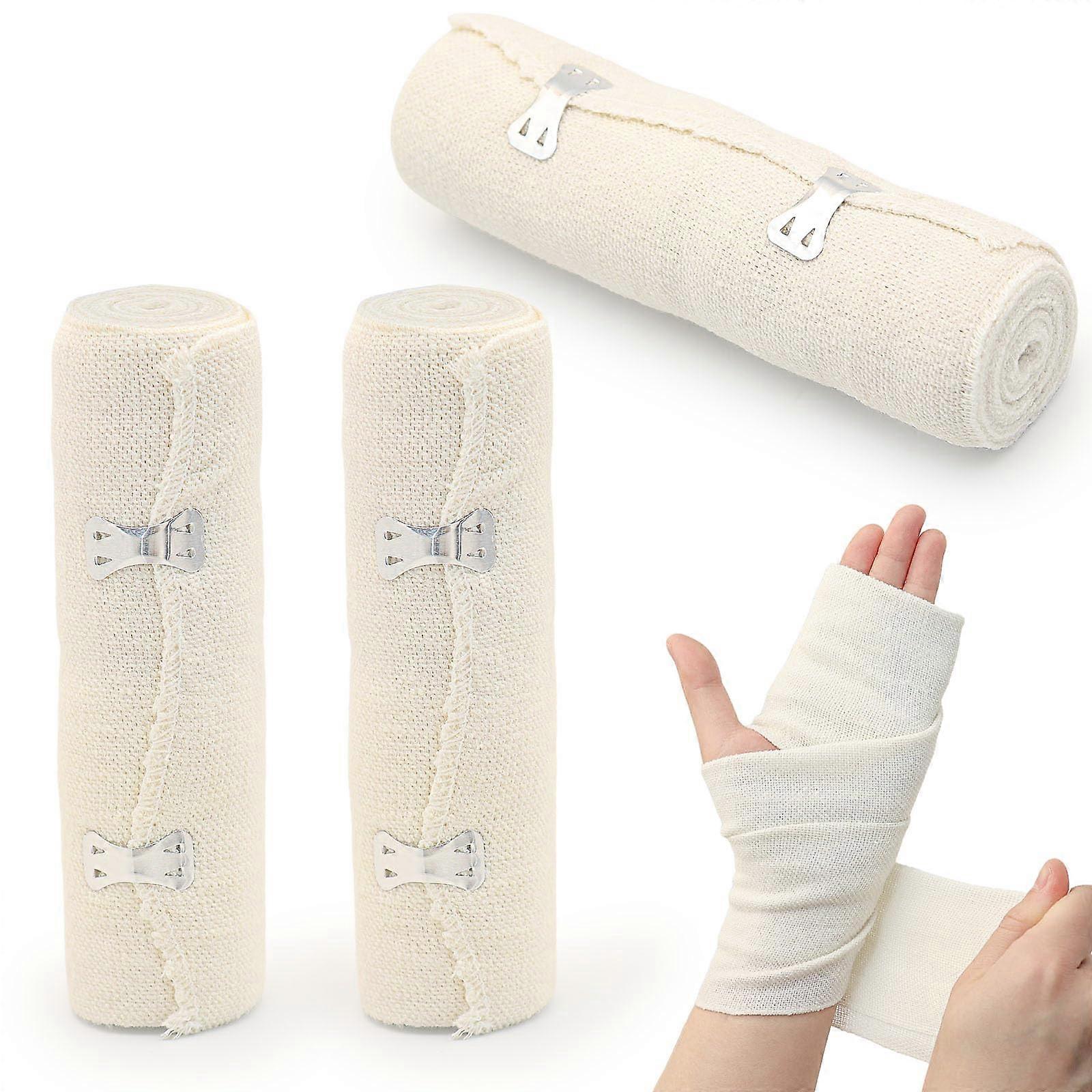 Pack of 3 medical elastic bandages, compression bandages with metal clips, elastic bandage for ankle support, arm, leg or chest injuries