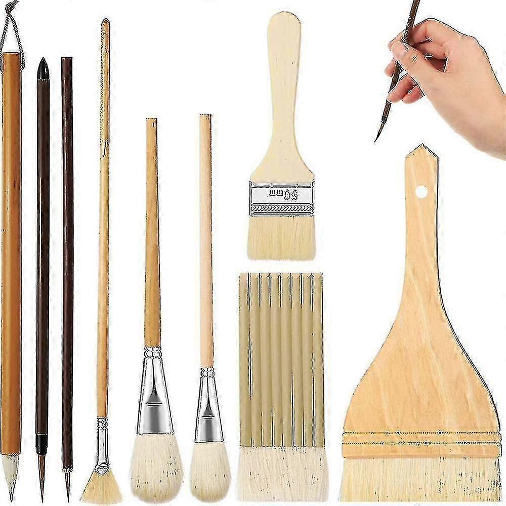 9 Pcs Paint Brushes Set for Pottery, Acrylic & Watercolor - Versatile Glaze Brushes in Different Shapes for Ceramic Crafts