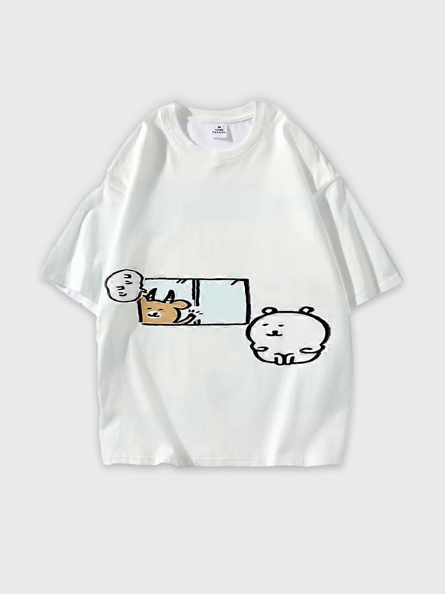 T-shirt col rond Bande dessinée Rôle Motif ample manches courtes D3044