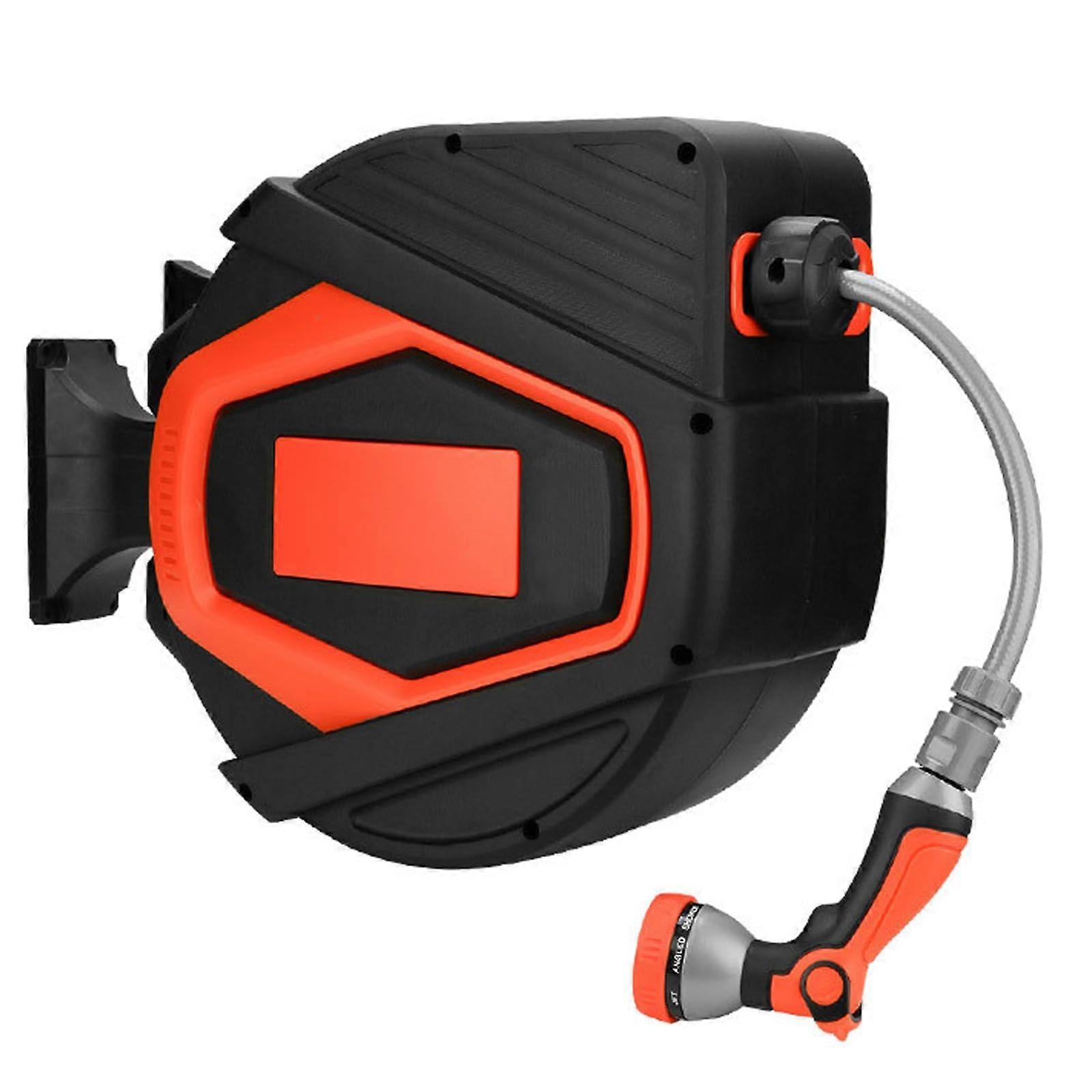 Retractable Garden Hose Reel with 8-Function Spray Nozzle, Wall-Mounted, 180° Rotation, Automatic Lock and Rewind System
