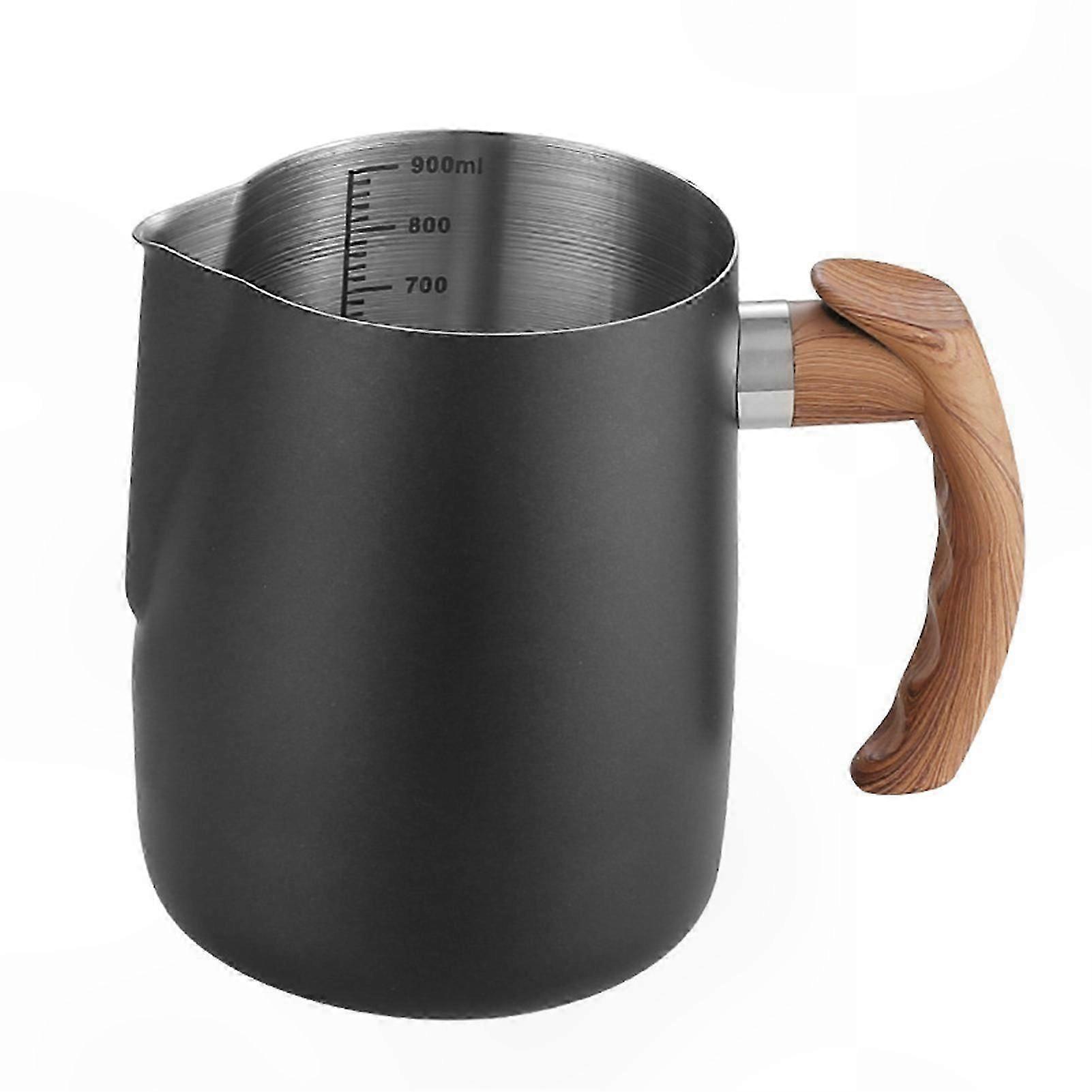 Stainless Steel Milk Frother Pitcher with Wooden Handle and Dripless Spout for Coffee, Espresso, Cappuccino, Latte