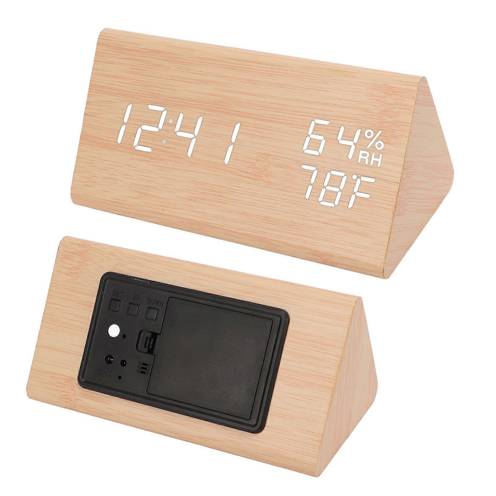 Triangular Digital Wooden Clock Time Date Temperature Humidity Display Alarm Function Voice Control LED Wood Clock 
