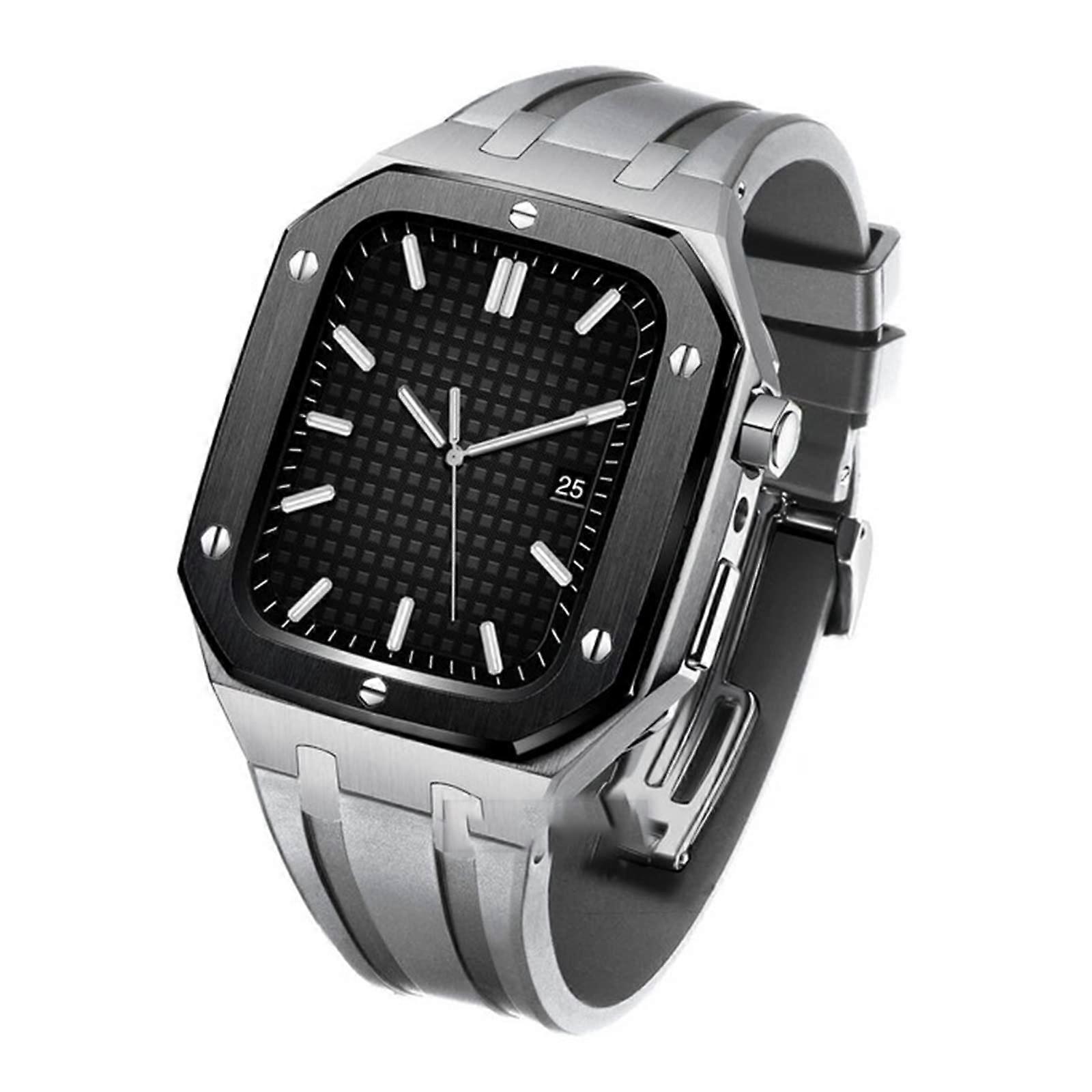 Band for Apple Watch 44mm 45mm Modification Kit with Metal Case and Silicone Strap for Apple Watch Series 4 5 6 7 SE White