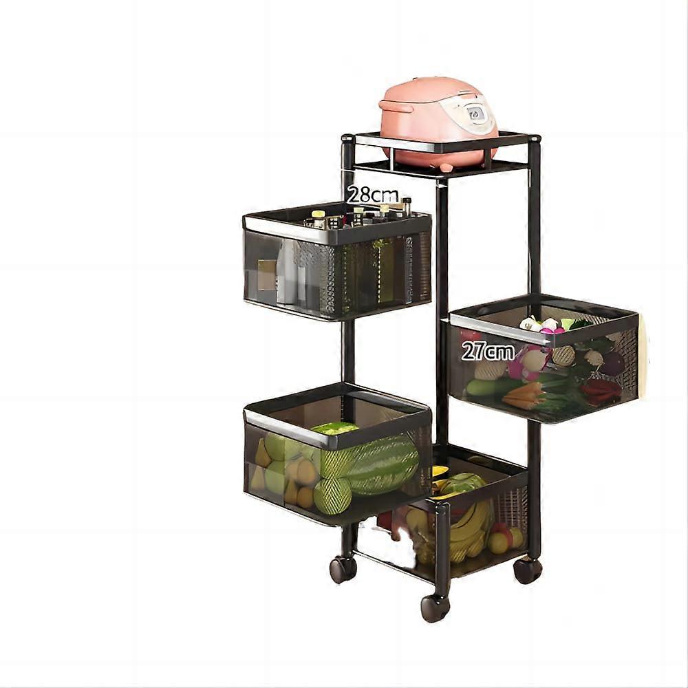 4-Tier Rolling Rack for Kitchen Storage, Multi-Purpose Organizer for Fruits, Vegetables, Snacks, Black Metal Design