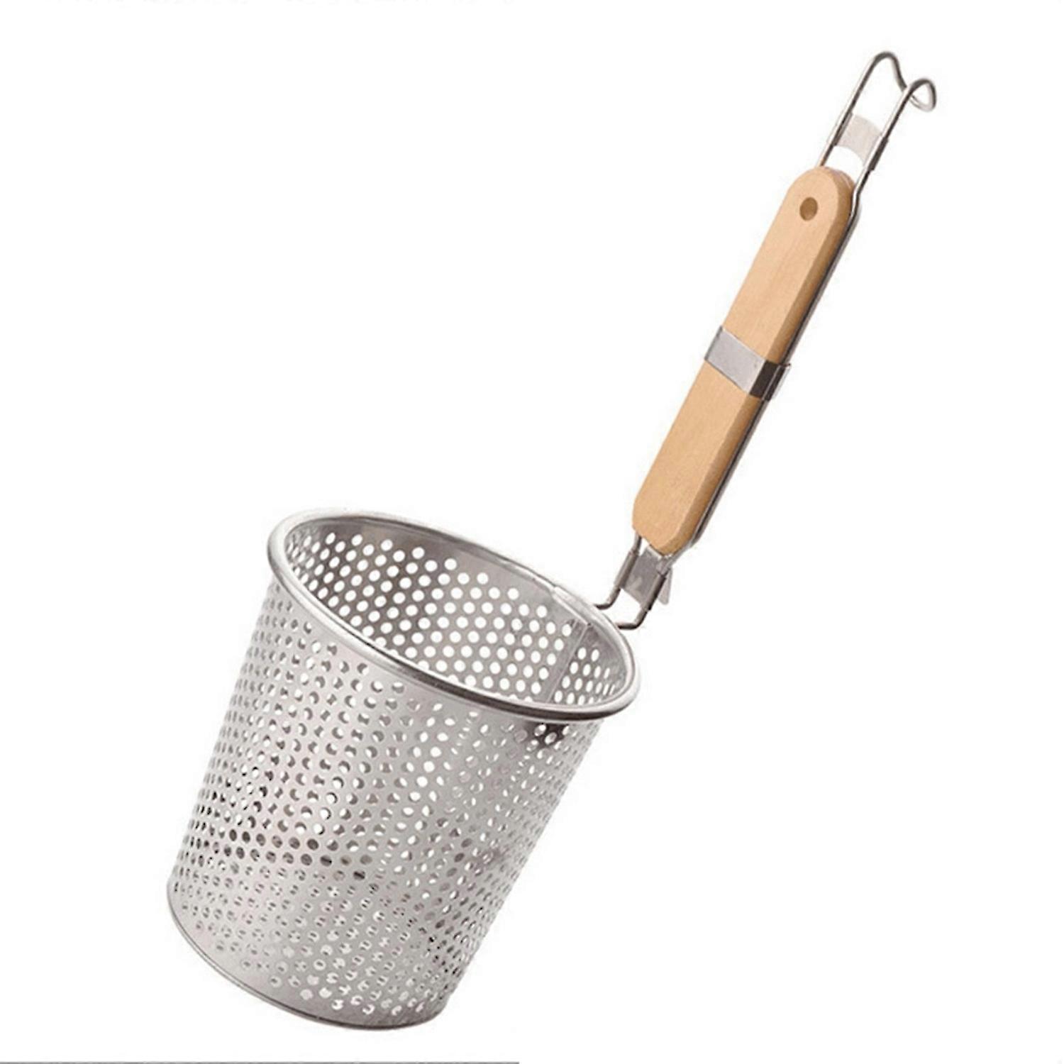 Stainless Steel Mesh Pasta Basket With Wooden Non Slip Handle & Tail Hanging Hook Lightweight HG
