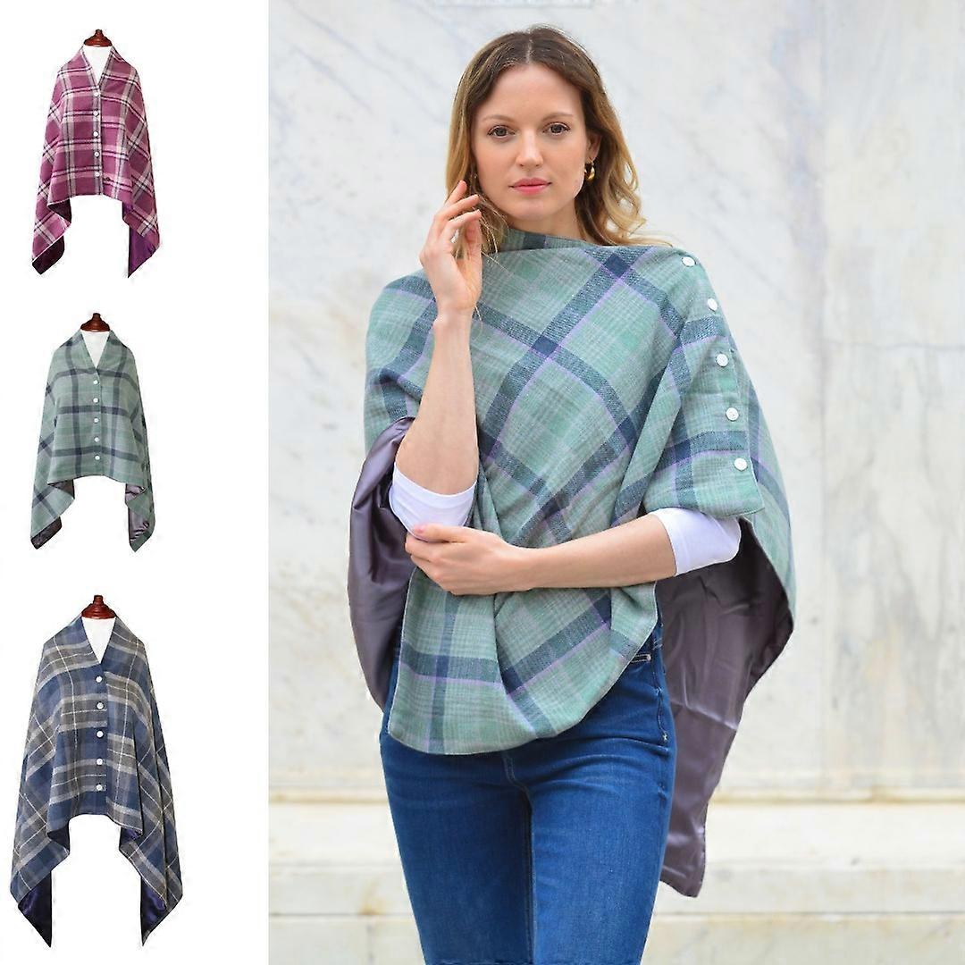 Earth Squared Spring Tweed Wrap Wool Blend Cape Shawl with Button Fastening Satin Lining One Size Tartan Poncho for Women