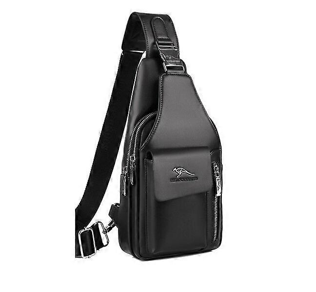 Men's chest bag, black double-zipper S-shaped cowhide, large capacity with USB charging