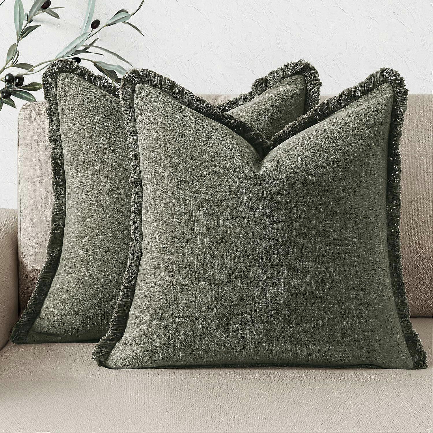 Set of 2 Decorative Linen Fringe Throw Pillow Covers Boho Farmhouse Cushion