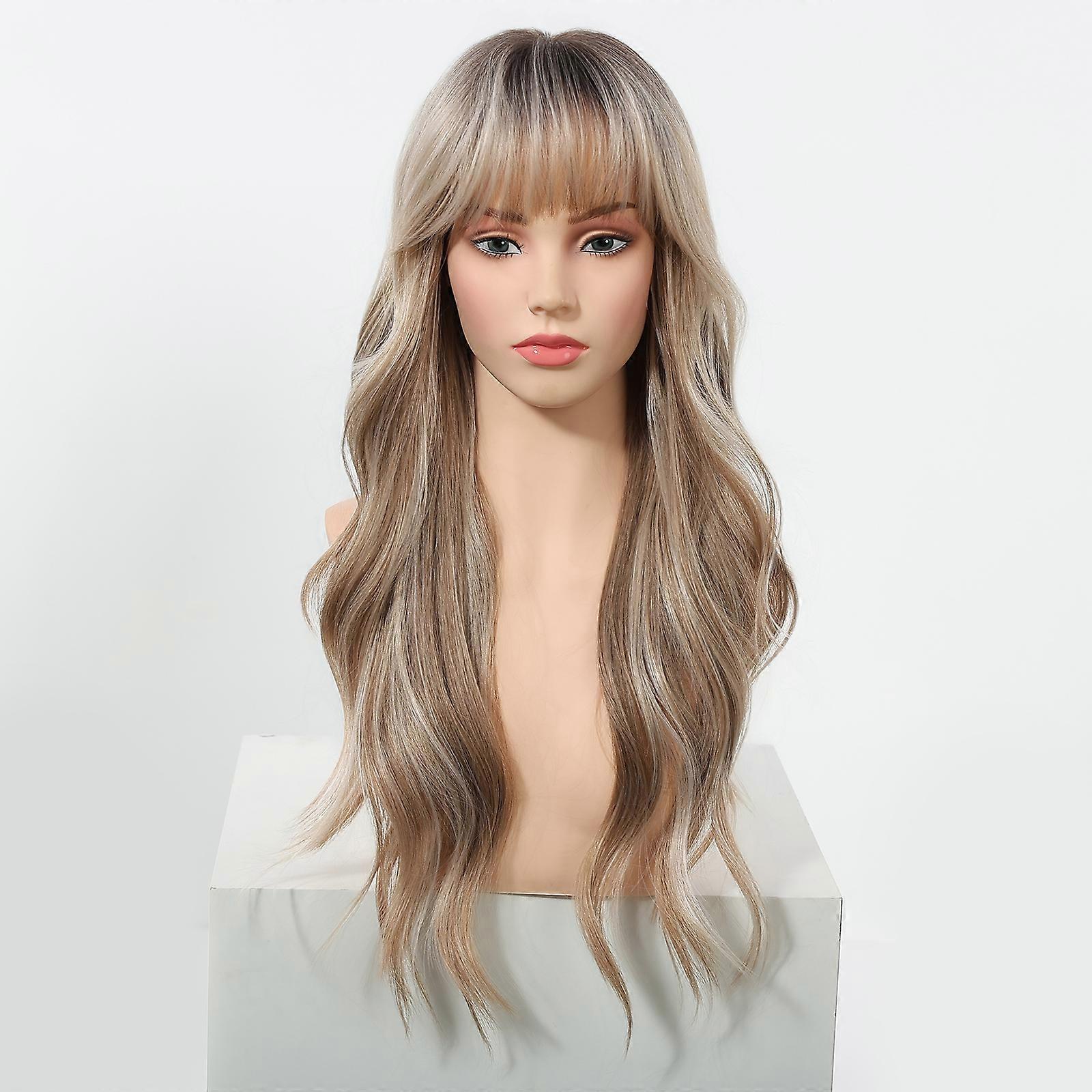 Haircube Natural Wavy Long Mixed Ash Blonde Synthetic Wig with Bangs – With Black Roots Effortlessly Chic